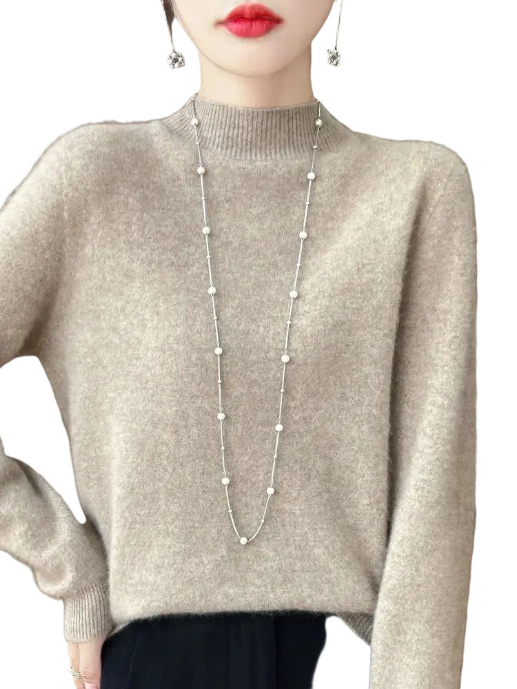 Beige merino wool pullover sweater for women featuring a soft fluffy high-neck cashmere texture and long sleeves