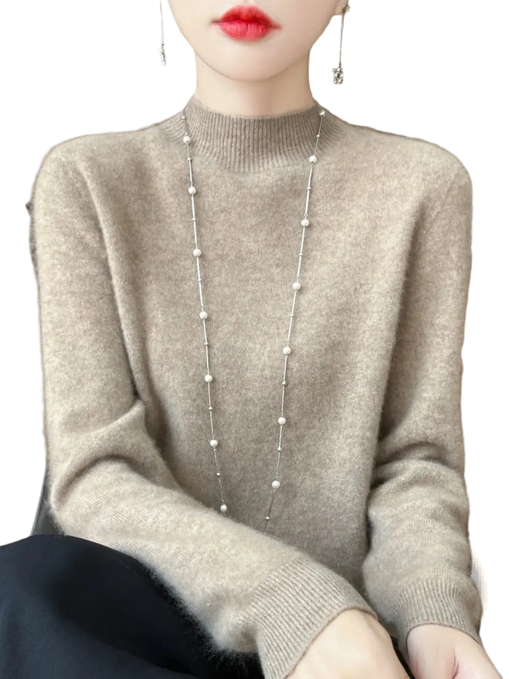 Beige merino wool pullover sweater for women with high neck, soft fluffy cashmere texture, and subtle ribbed cuffs