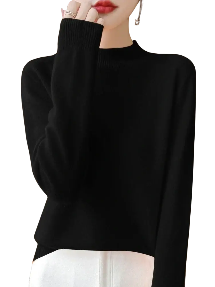 Black merino wool pullover sweater for women with long sleeves high neckline and ribbed cuffs