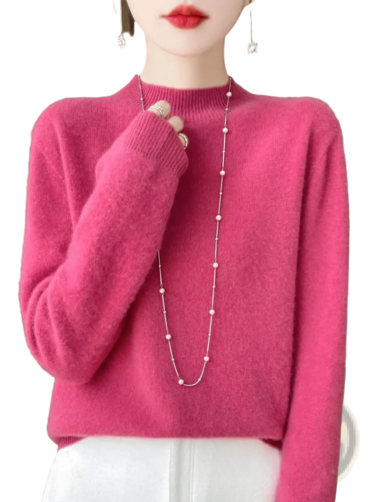 A soft vibrant pink merino wool pullover sweater for women with cozy texture and ribbed cuffs