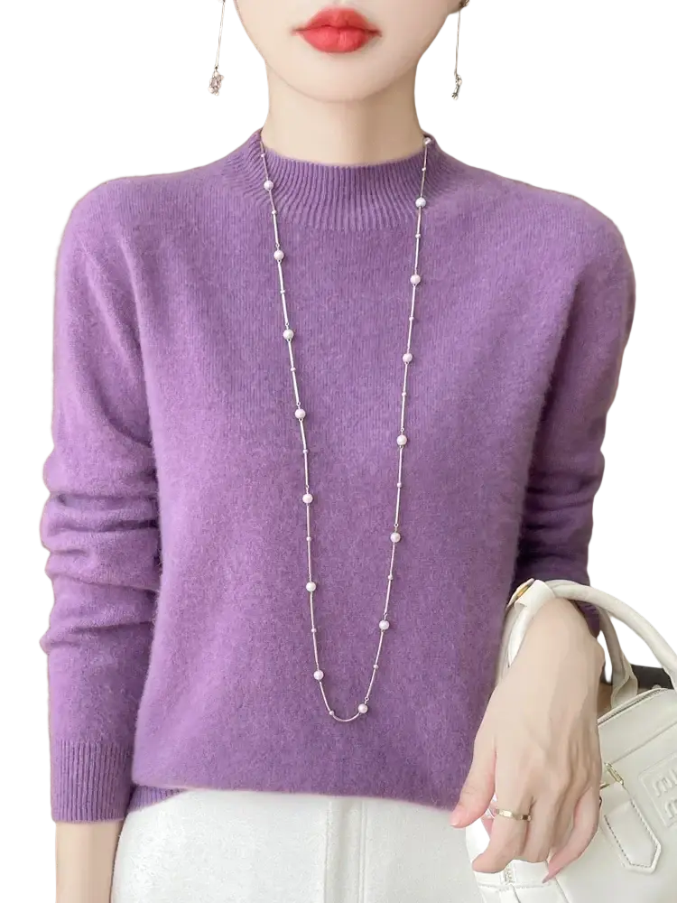 A soft lavender merino wool pullover sweater for women with a ribbed crew neckline and cuffs