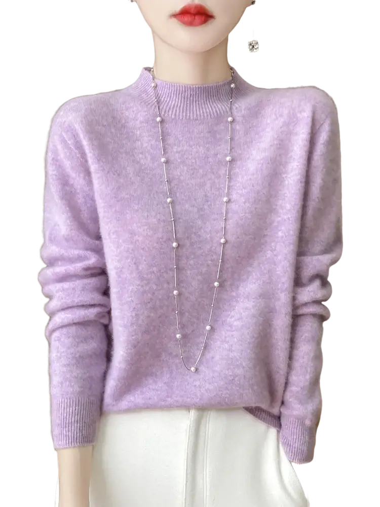 A soft lavender merino wool pullover sweater for women with a ribbed crew neckline and cuffs