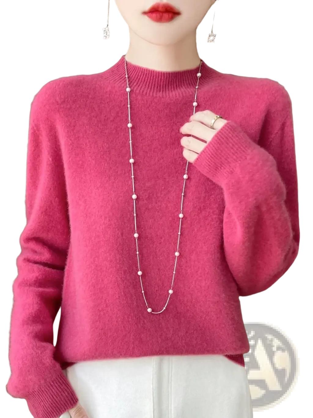 Women’s vibrant pink merino wool pullover sweater with soft cashmere blend and ribbed crew neckline and cuffs