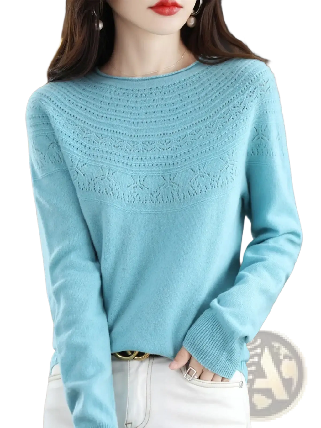 A light blue merino wool sweater for women with an o-neck, lace pattern chest, and ribbed cuffs knit pullover