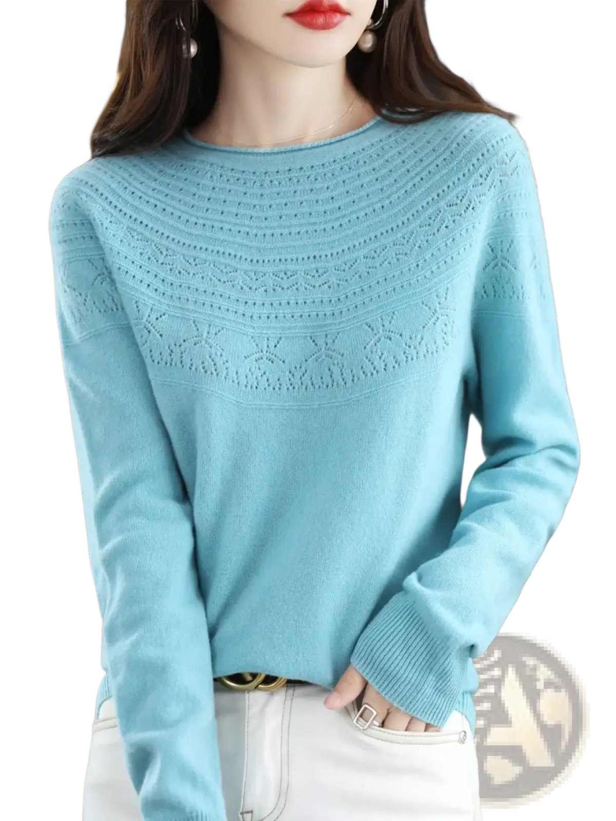 A light blue merino wool sweater for women with an o-neck, lace pattern chest, and ribbed cuffs knit pullover