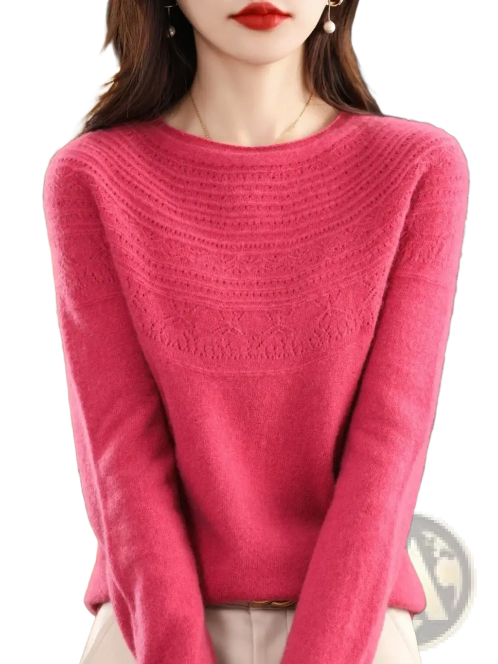 A soft vibrant pink merino wool sweater for women featuring a textured knit pattern on chest and shoulders