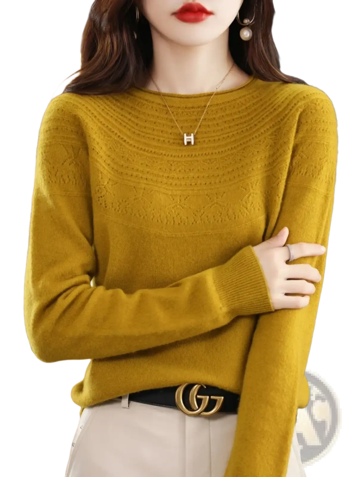 A soft mustard-yellow merino wool sweater for women with textured knit pattern and ribbed cuffs in o-neck style