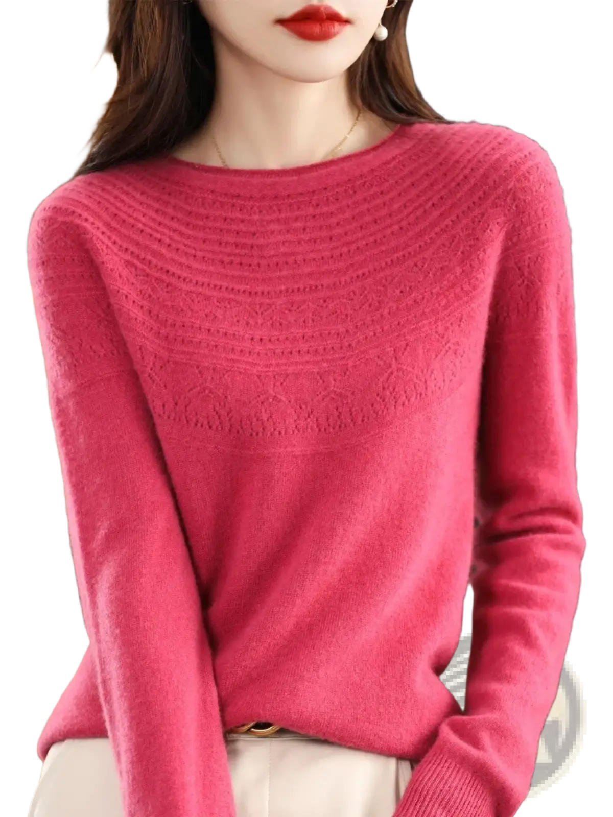 A soft vibrant pink merino wool sweater women o-neck knit pullover with textured pattern and ribbed cuffs