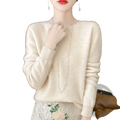 Cream-colored merino wool sweater for women with soft knit texture, long sleeves, and o-neck pullover design