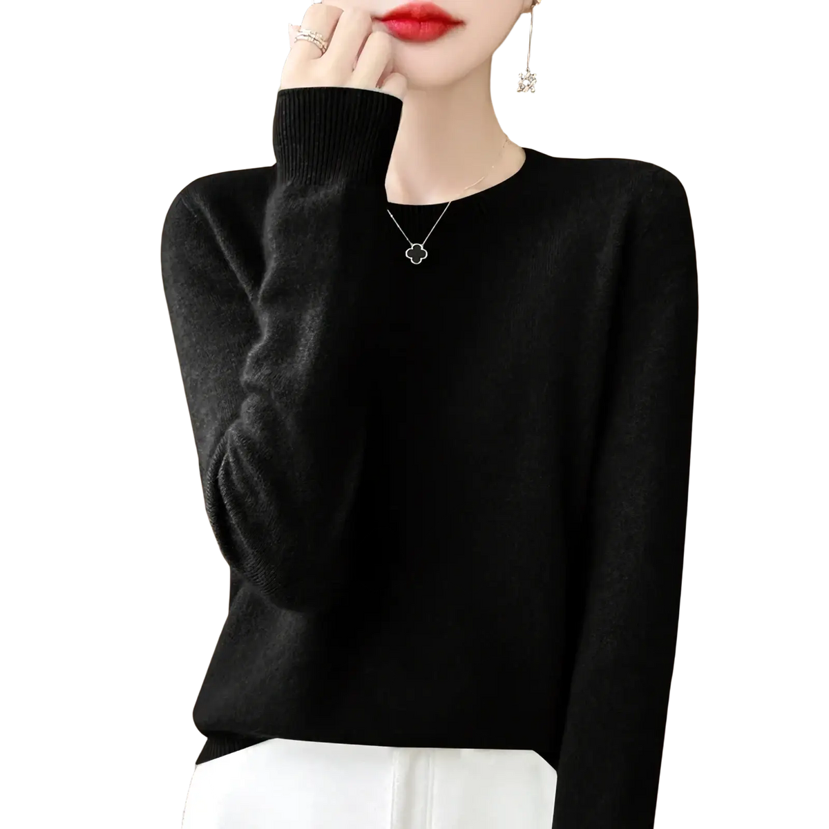 Black merino wool sweater women o-neck pullover with long sleeves ribbed cuffs and round neckline