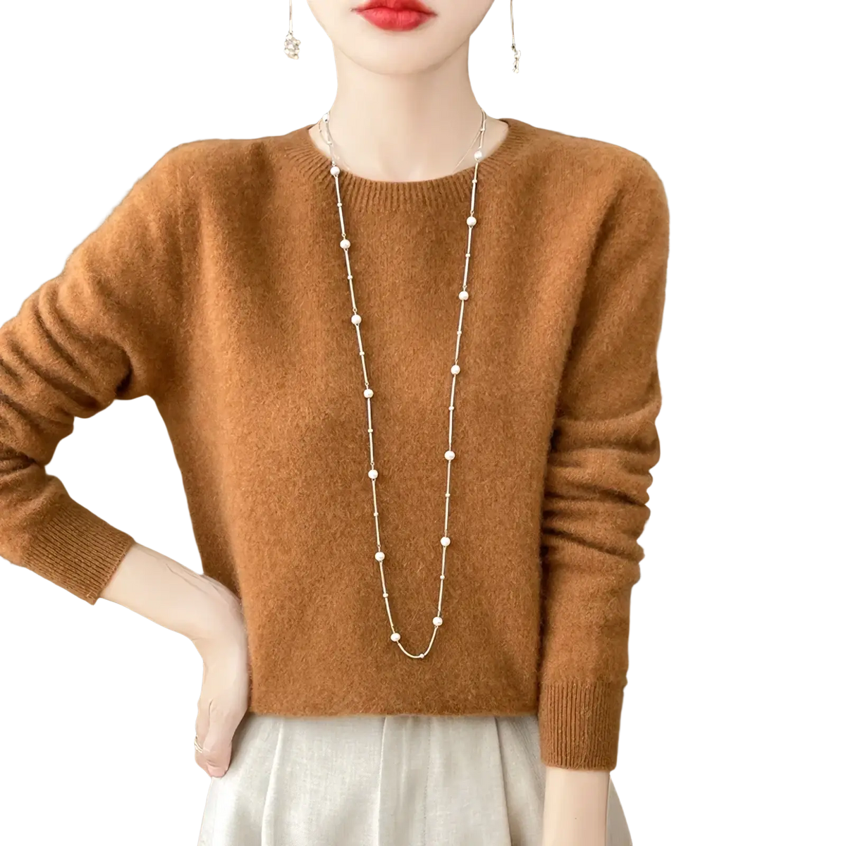 A cozy rust-colored cashmere sweater with soft fuzzy texture and ribbed cuffs, merino wool women o-neck pullover