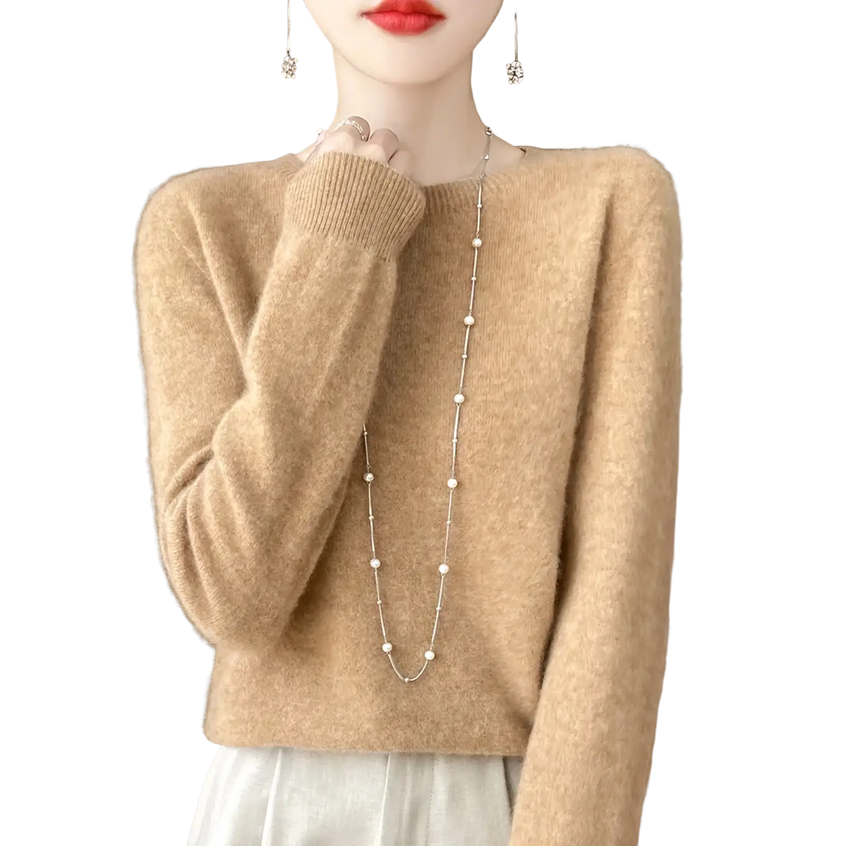 A camel-colored merino wool sweater for women with cozy knit texture and ribbed cuffs o-neck pullover