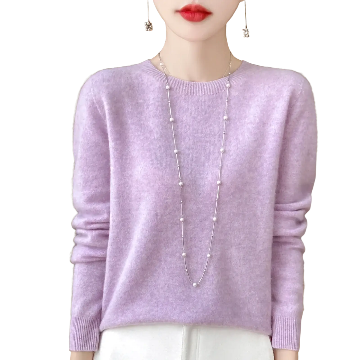 A soft lavender merino wool sweater women o neck pullover with cashmere texture and ribbed cuffs