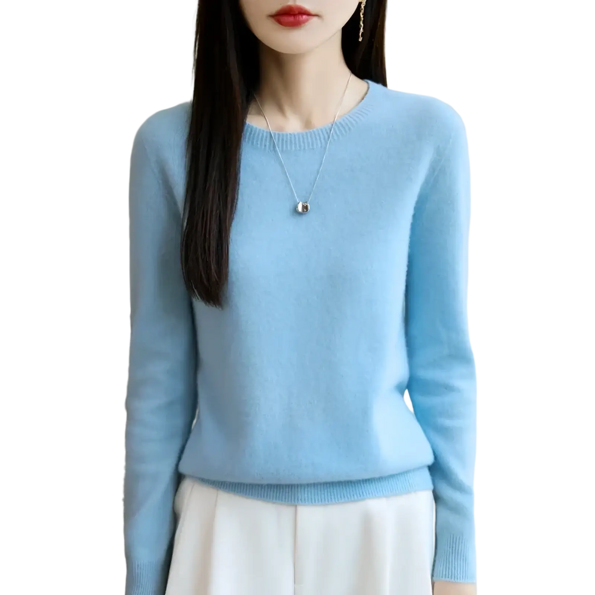 A soft light blue merino wool sweater women o-neck pullover with long sleeves and ribbed cuffs