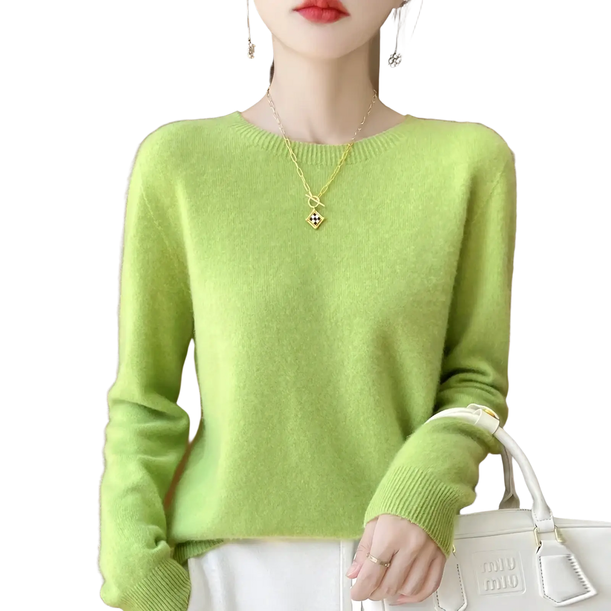 Merino wool sweater women o-neck pullover in soft light green cashmere with round neckline and ribbed cuffs