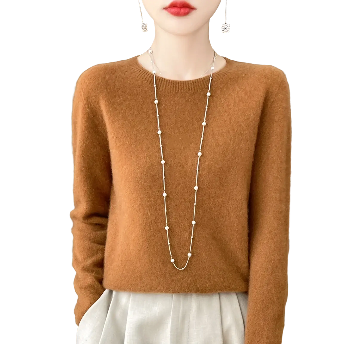 A soft warm brown merino wool sweater for women with an o-neck and long sleeves