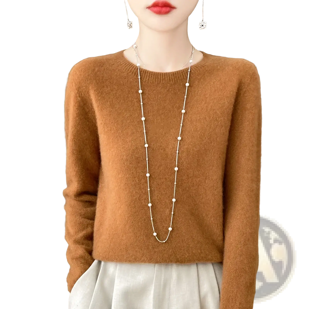 A soft warm brown merino wool sweater for women with an o-neck and long sleeves