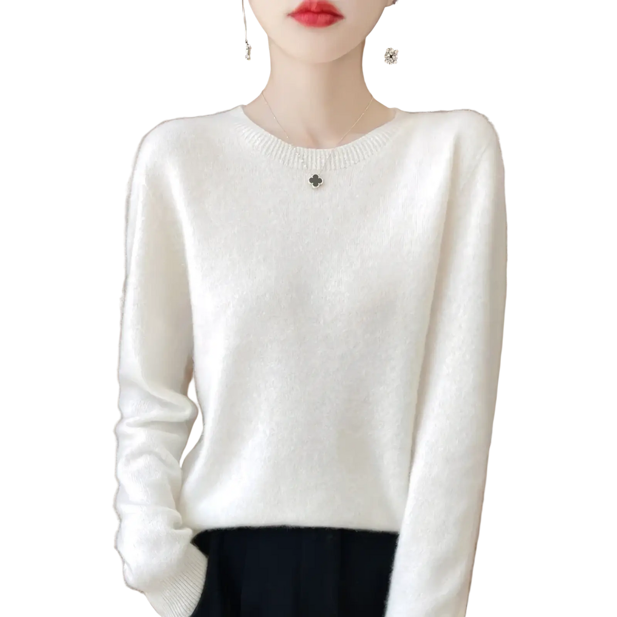 A soft off-white merino wool sweater for women with long sleeves and a round neckline pullover design