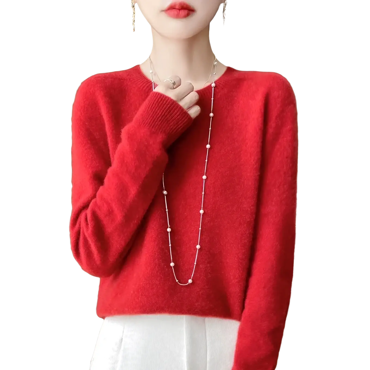 A vibrant red merino wool sweater for women with long sleeves, an o-neck pullover, and soft fuzzy texture