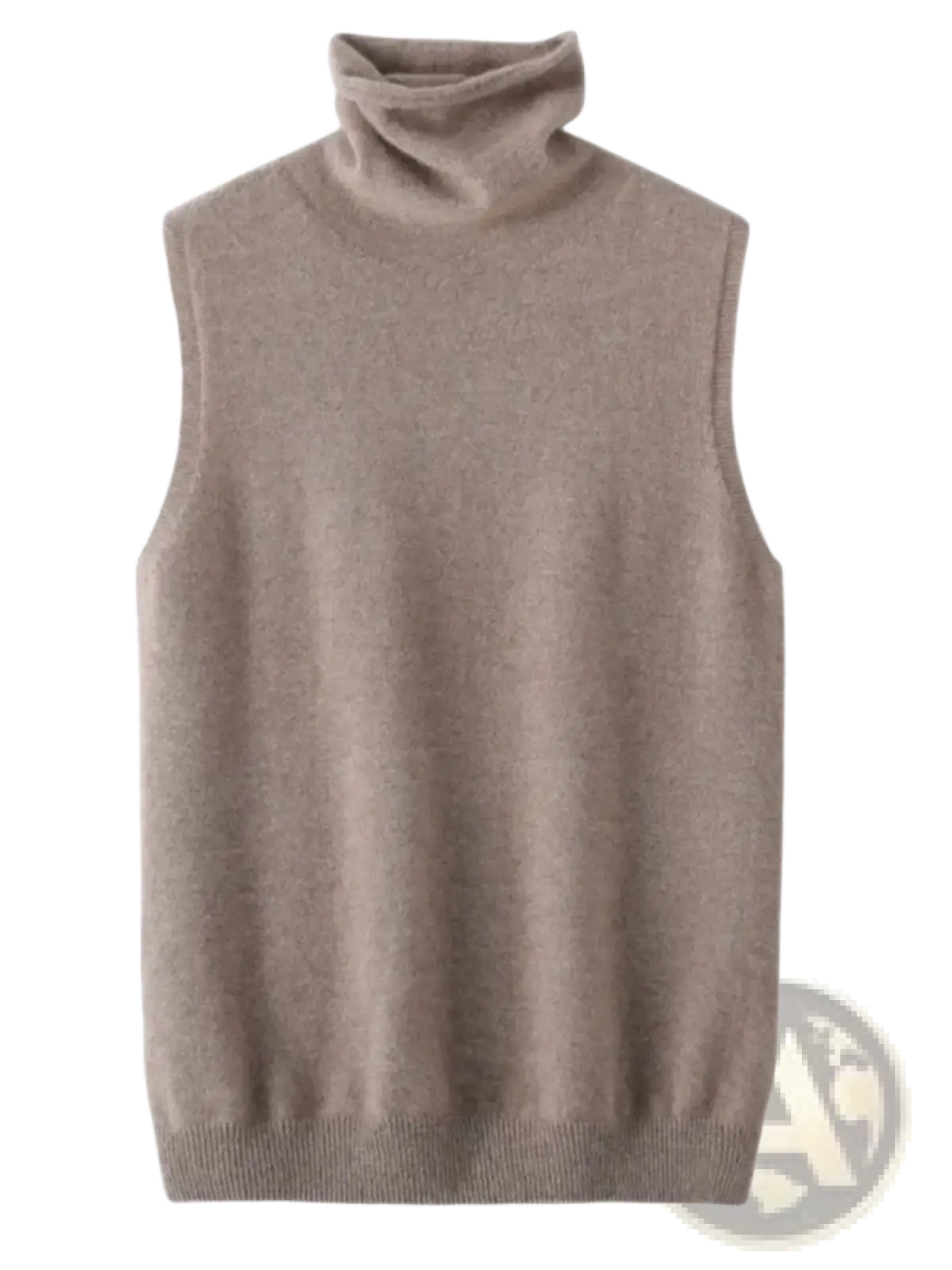 Beige merino wool sleeveless knit vest with a turtleneck detail for stylish layered wear