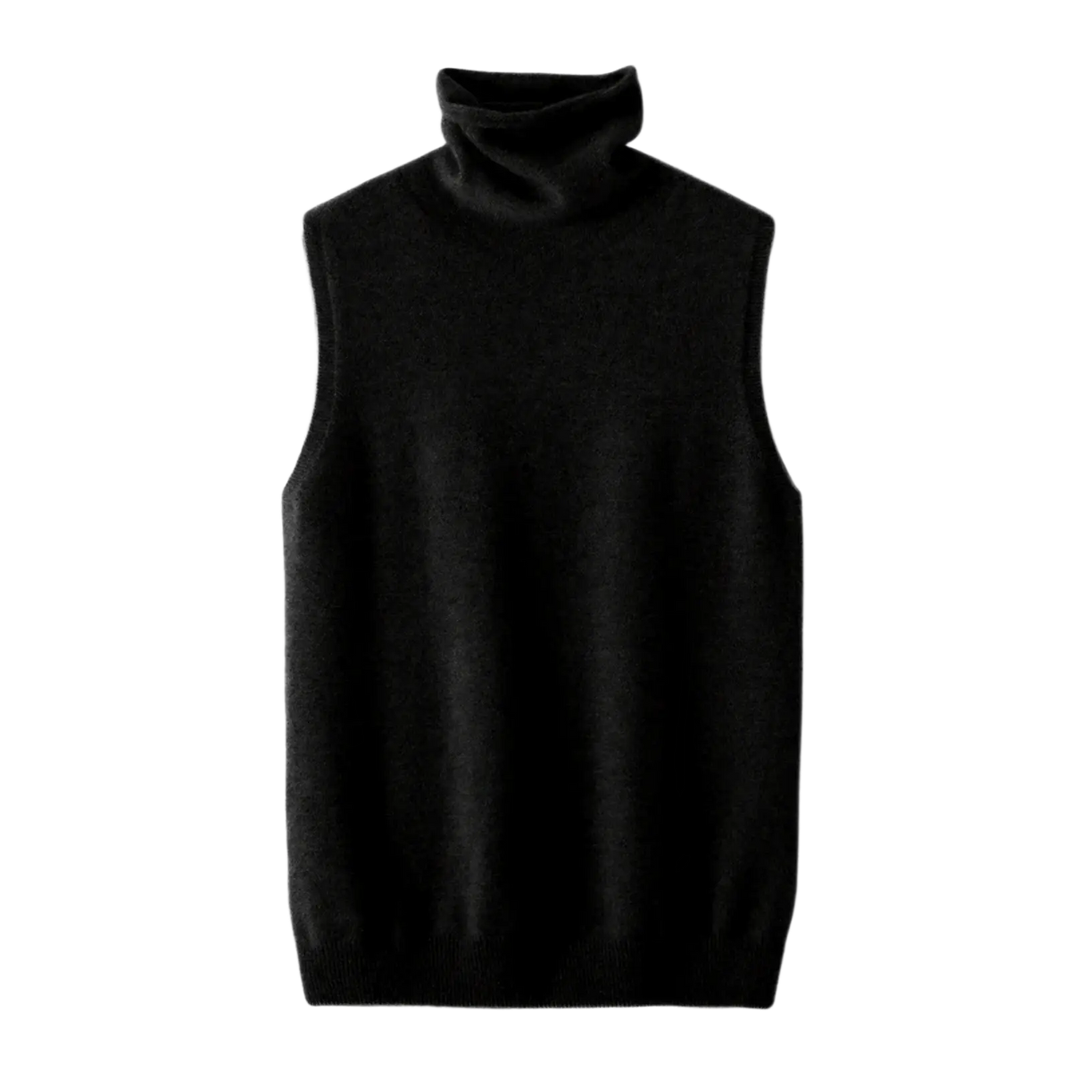 Black sleeveless merino wool turtleneck knit vest showcasing a refined and versatile layering garment
