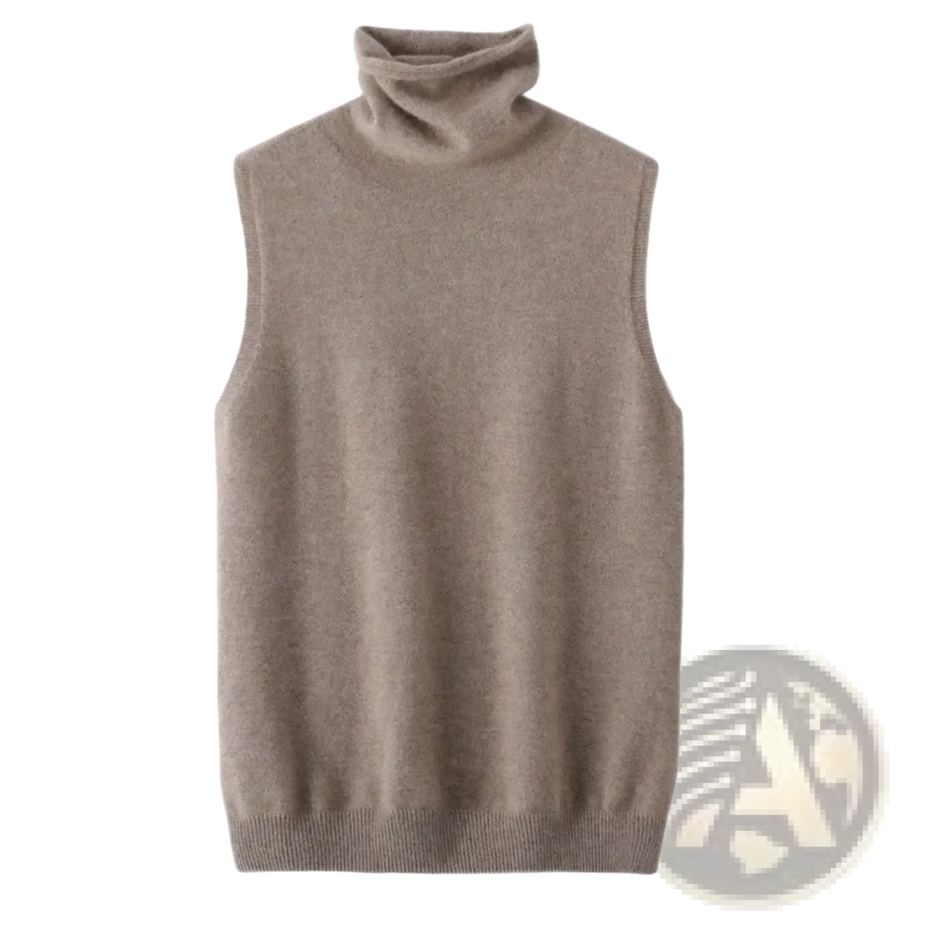 A soft beige merino wool turtleneck sleeveless knit vest with ribbed hem and neckline for layering