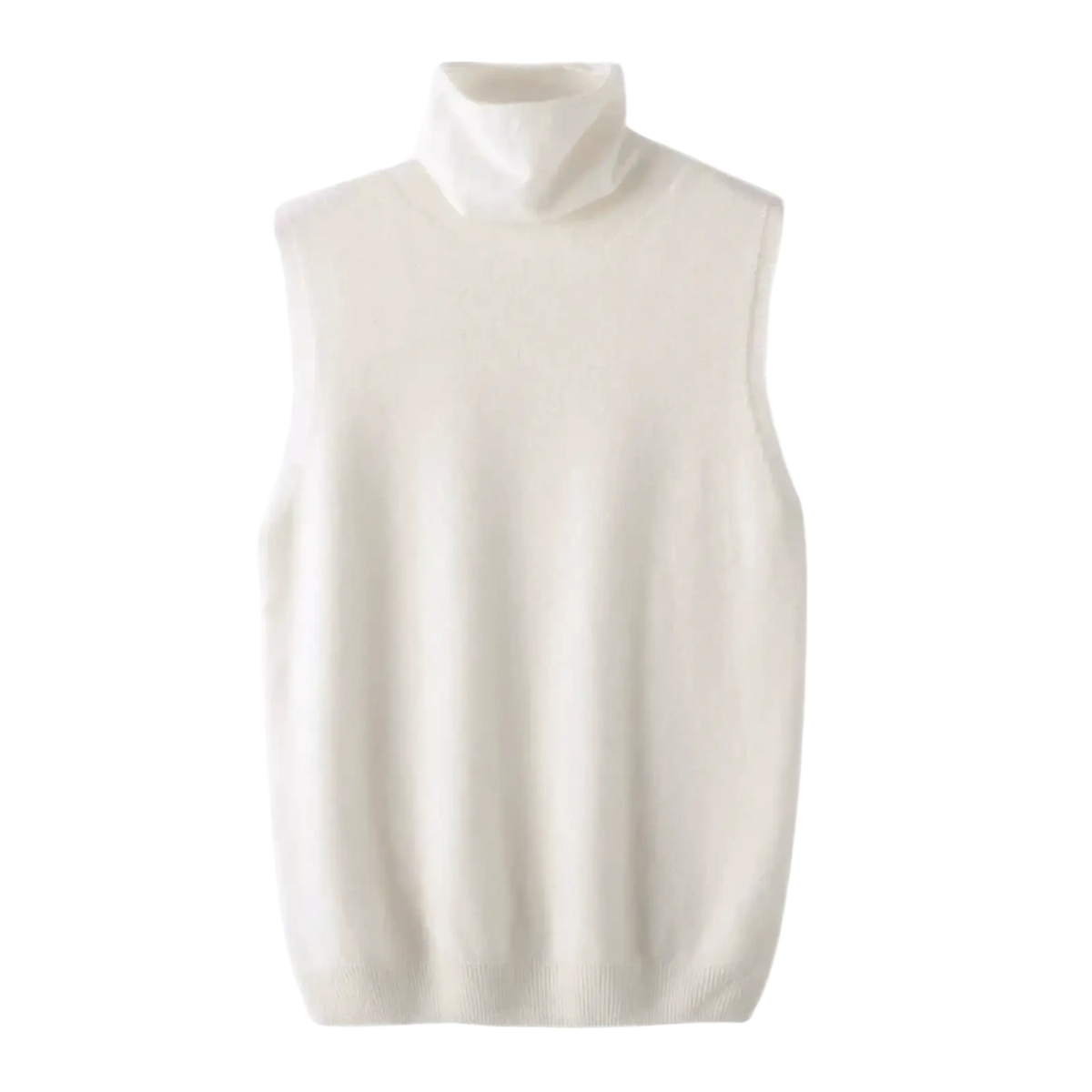 Cream-colored merino wool turtleneck knit vest with sleeveless design and soft ribbed texture for layering
