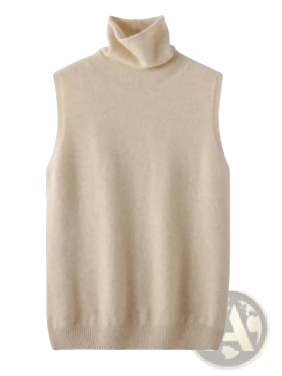 Cream-colored sleeveless merino wool turtleneck knit vest with soft textured fabric for layering or casual wear