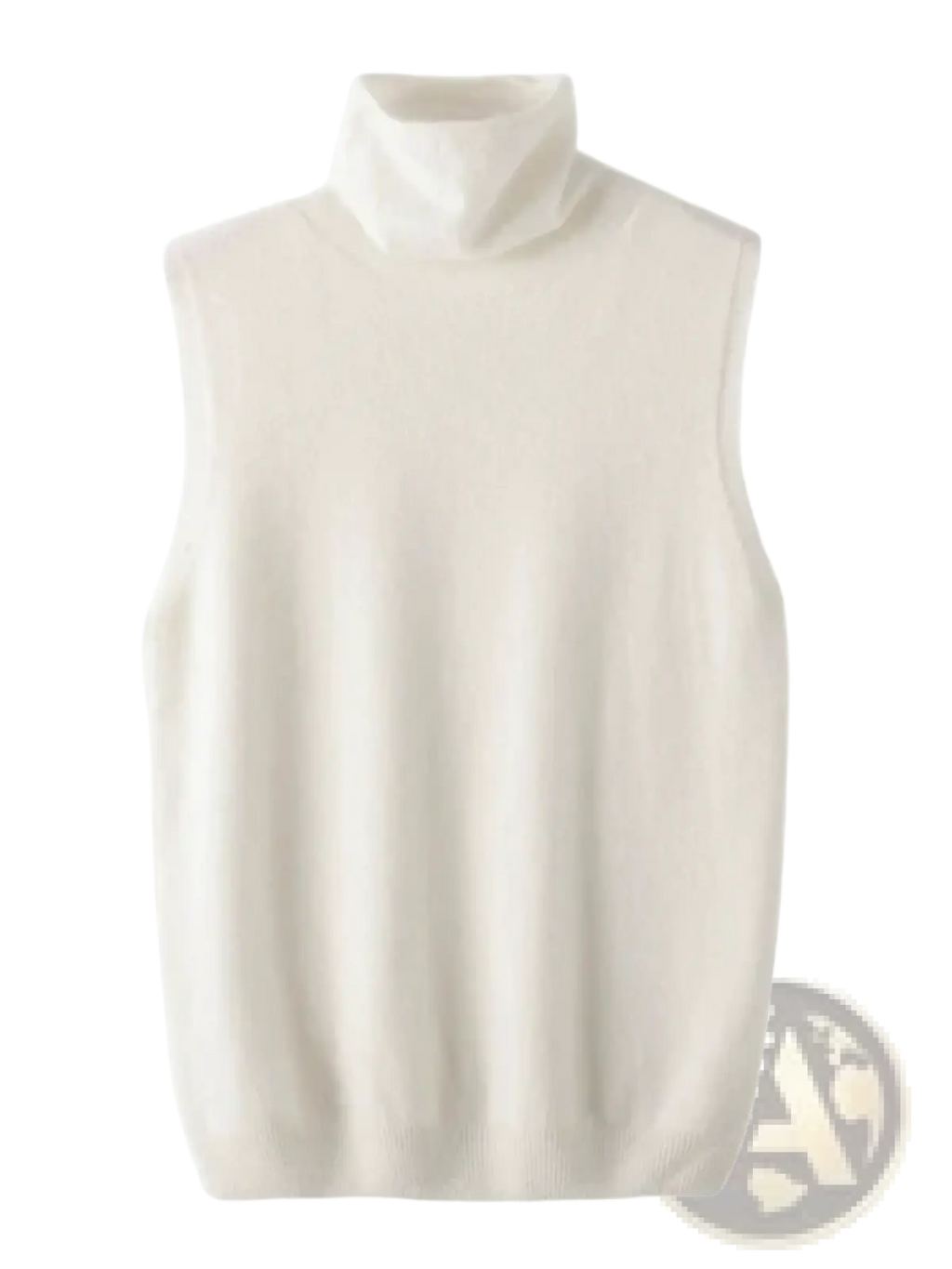 Cream-colored sleeveless merino wool turtleneck knit vest with a soft ribbed texture for layering and warmth