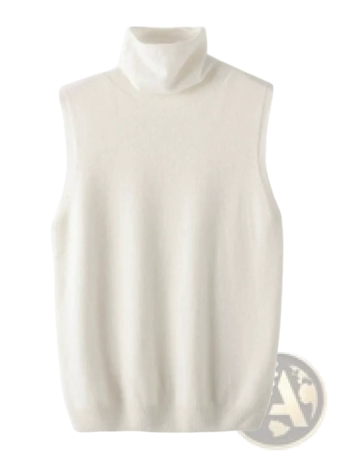 Cream-colored sleeveless merino wool turtleneck knit vest with a soft ribbed texture for layering and warmth