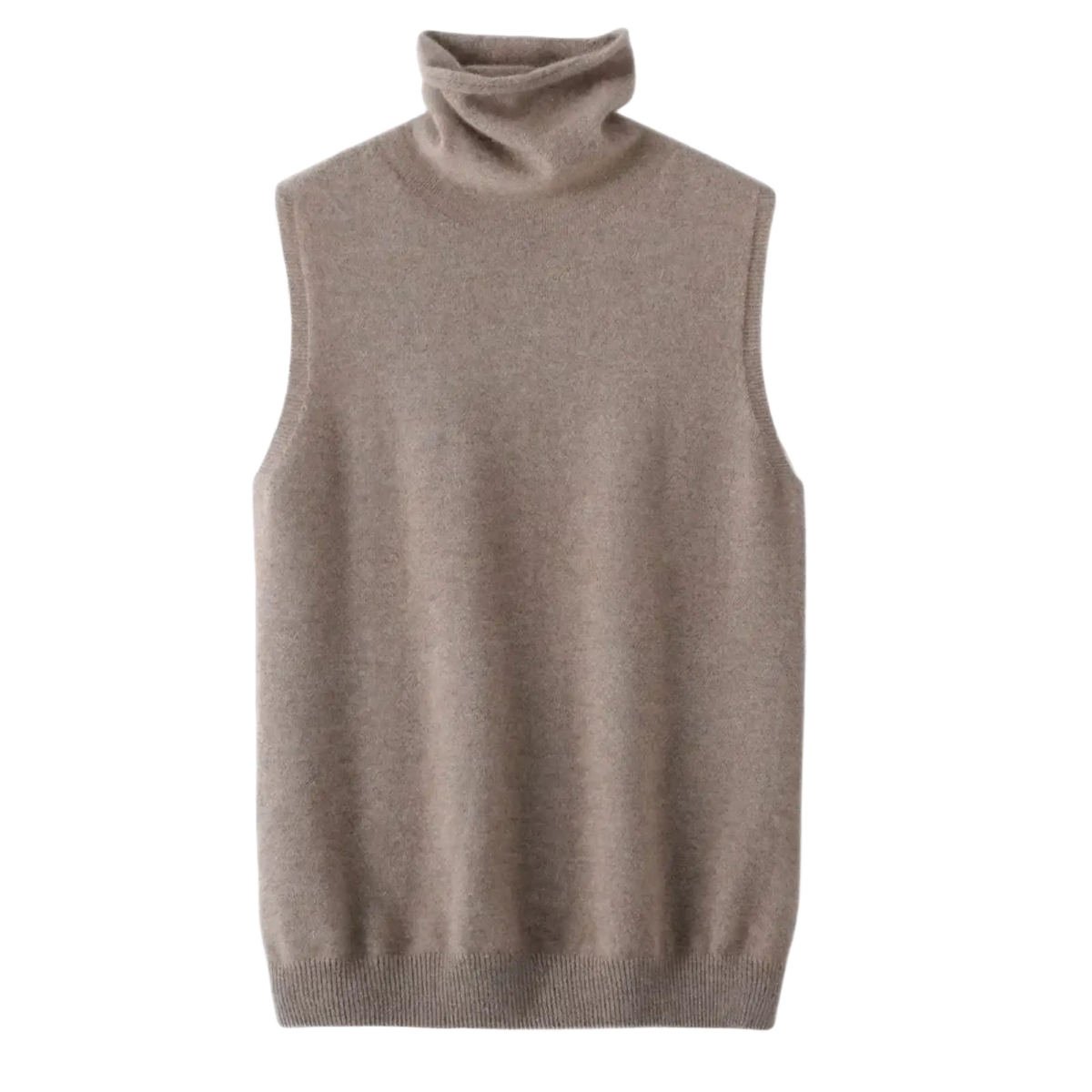 A soft beige merino wool turtleneck sleeveless knit vest with ribbed hem and neckline for layering