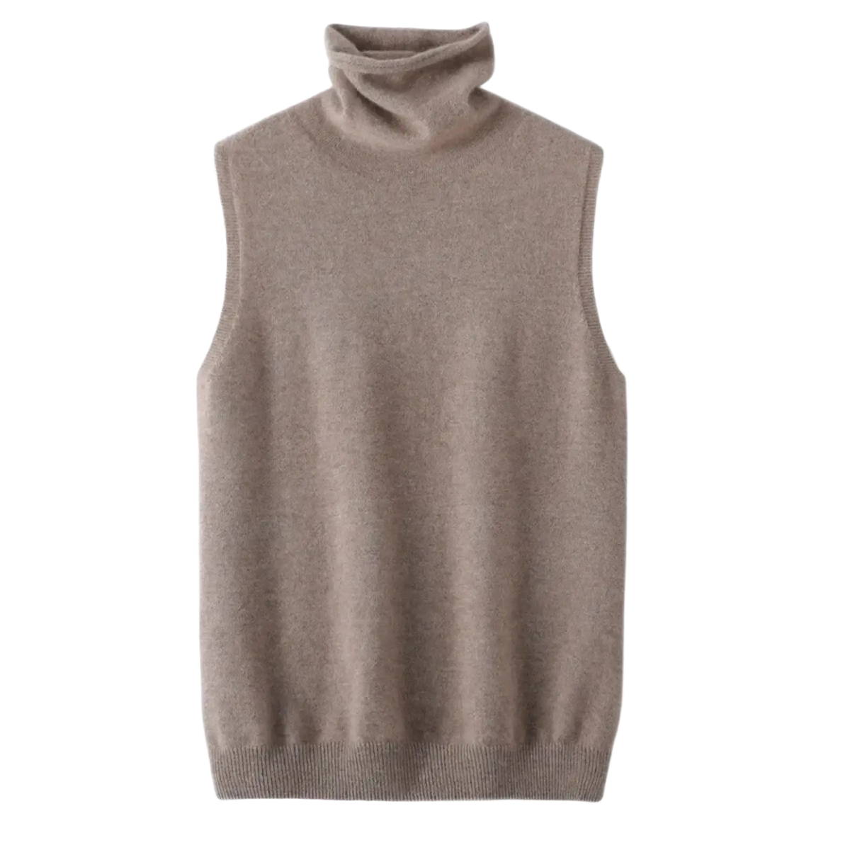 Beige merino wool turtleneck sleeveless knit vest with soft textured fabric and ribbed hem for layering