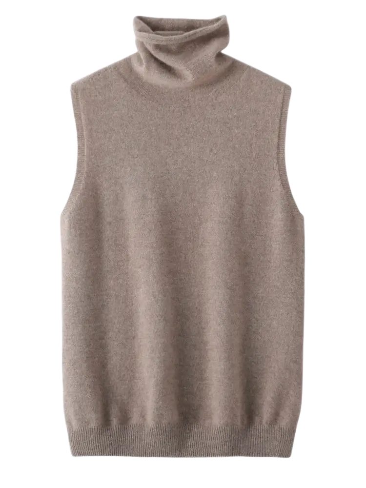 Beige merino wool turtleneck sleeveless sweater vest with soft textured fabric and ribbed hem visible from front
