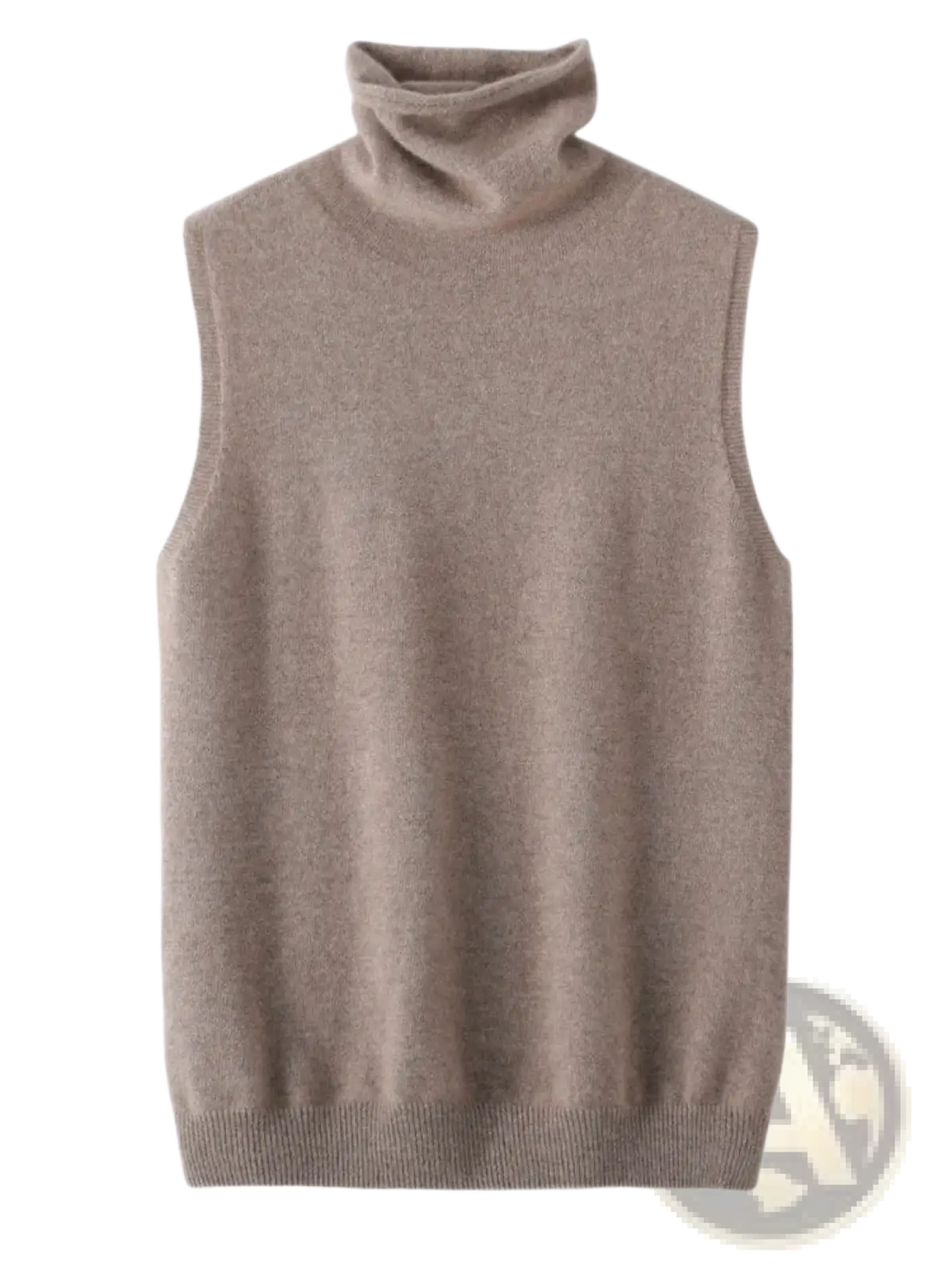 Beige merino wool turtleneck sleeveless sweater vest with soft textured fabric and ribbed hem visible from front