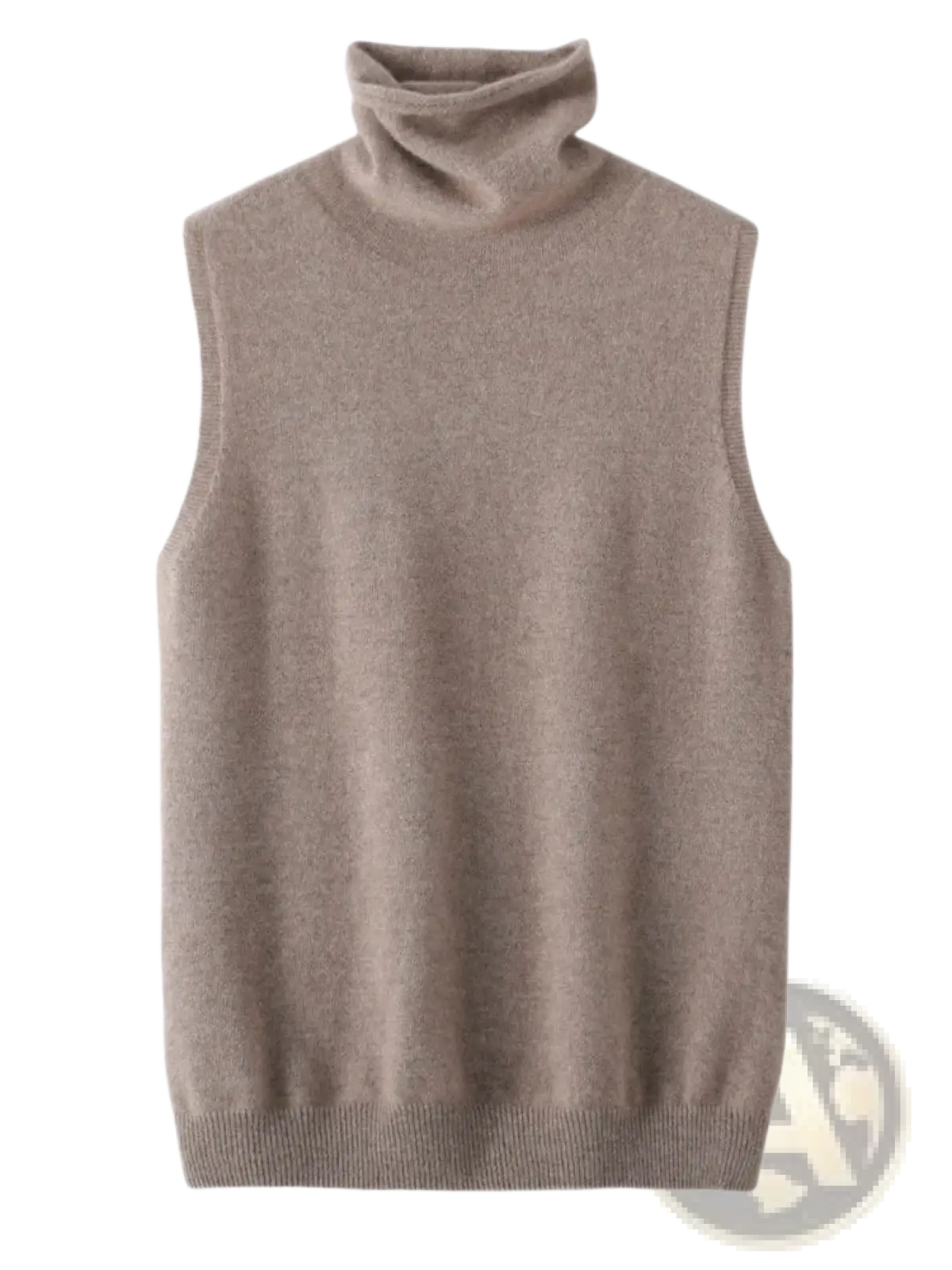 Beige merino wool turtleneck sleeveless sweater vest with soft textured fabric and ribbed hem visible from front