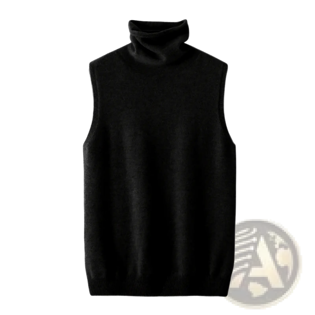Black sleeveless merino wool turtleneck sweater vest ideal for layering in cool weather