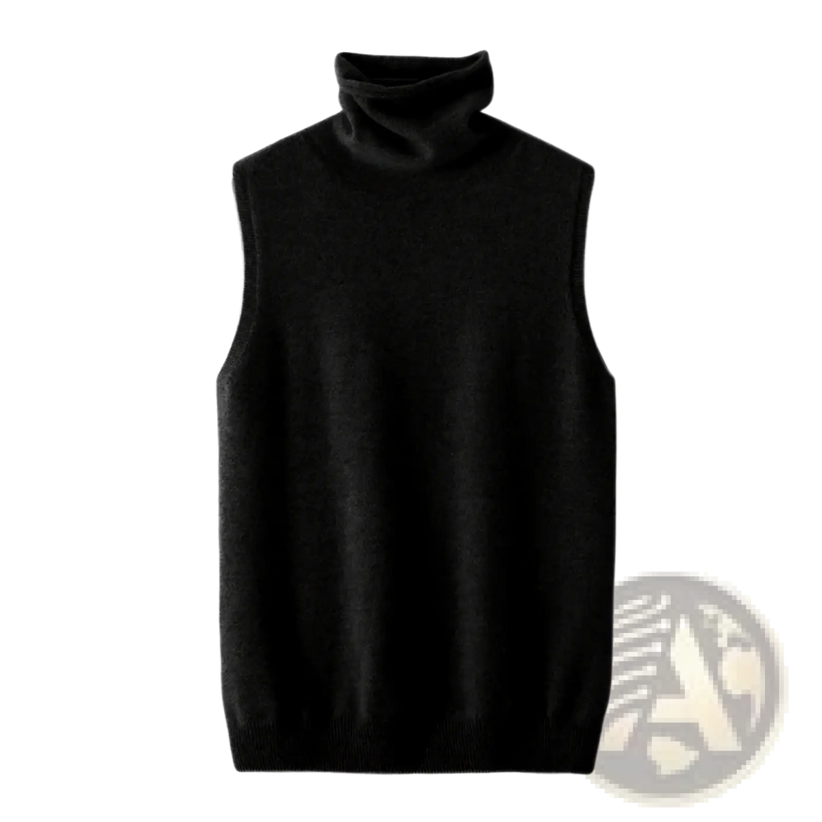 Black sleeveless merino wool turtleneck sweater vest ideal for layering in cool weather