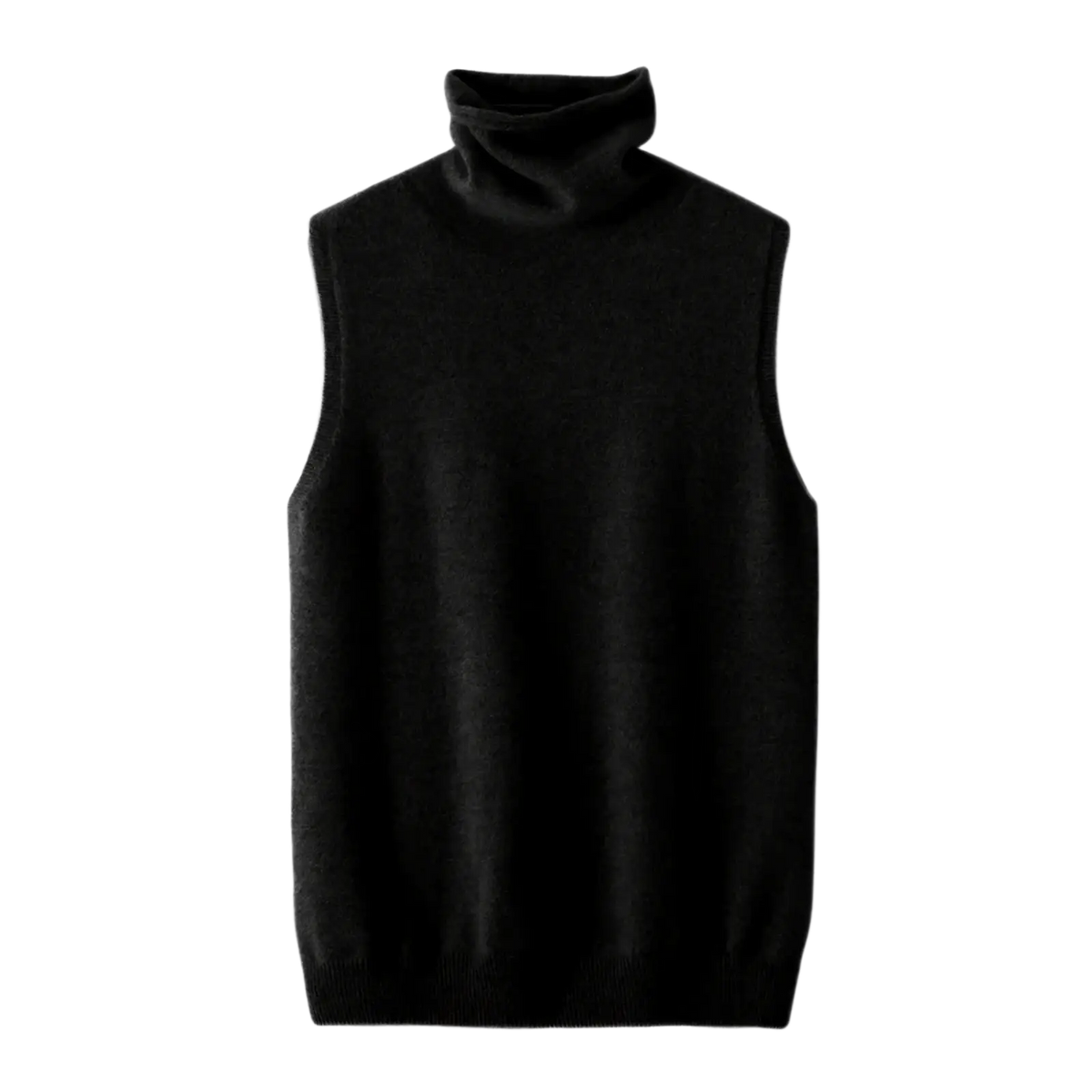 Black sleeveless merino wool turtleneck sweater vest ideal for layering in cool weather