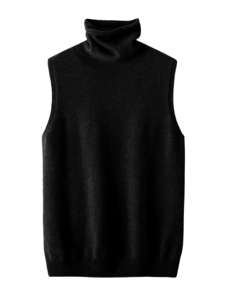 Black sleeveless merino wool turtleneck sweater vest showcasing knit texture and classic design