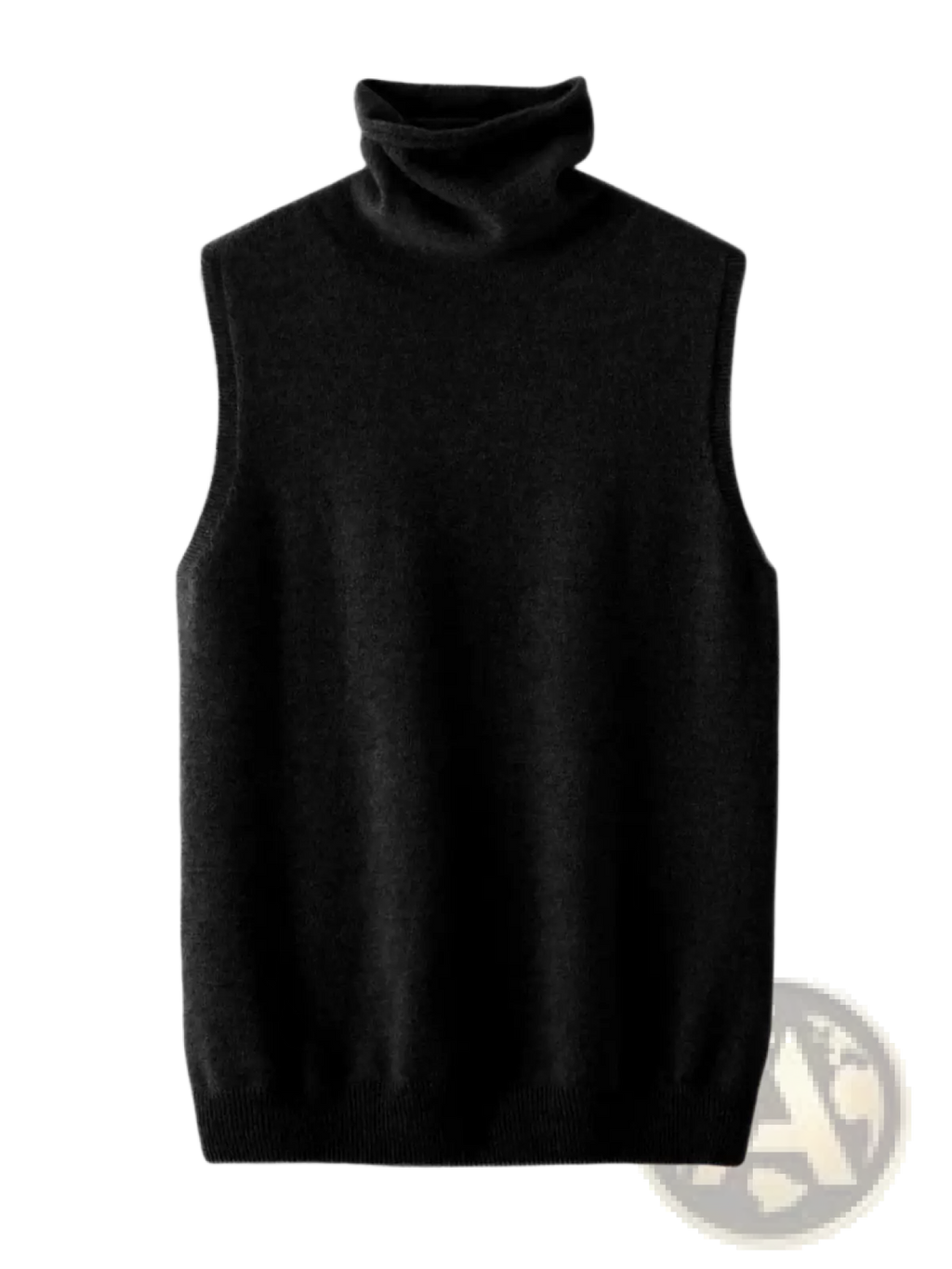 Black sleeveless merino wool turtleneck sweater vest showcasing knit texture and classic design