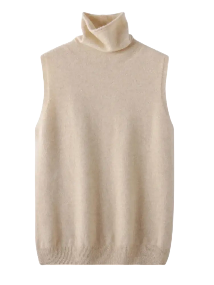 Cream-colored sleeveless turtleneck sweater vest made of soft merino wool blend knit fabric