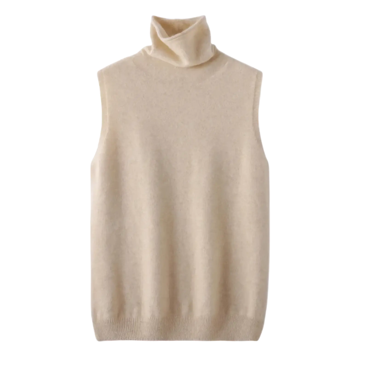 Cream-colored sleeveless merino wool turtleneck sweater vest with soft textured knit fabric for layering