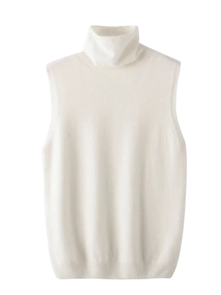 Cream-colored sleeveless merino wool turtleneck sweater vest with soft ribbed knit texture for layering