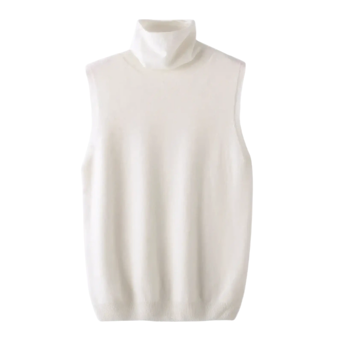 Cream-colored sleeveless merino wool turtleneck sweater vest with soft ribbed texture for layering and warmth