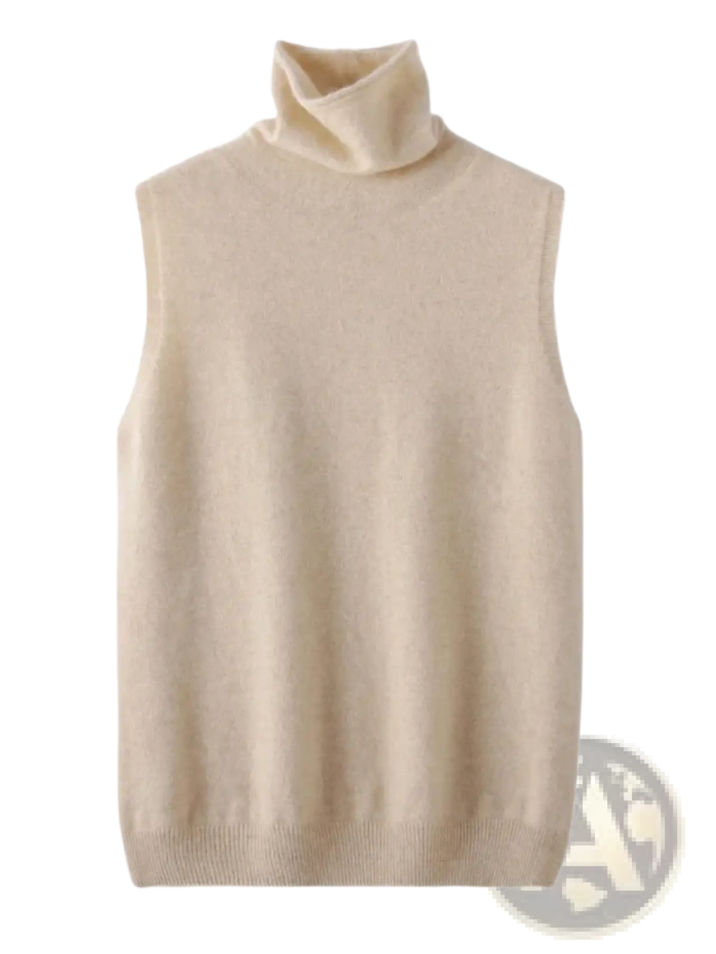Cream-colored sleeveless turtleneck sweater vest made of soft merino wool blend knit fabric