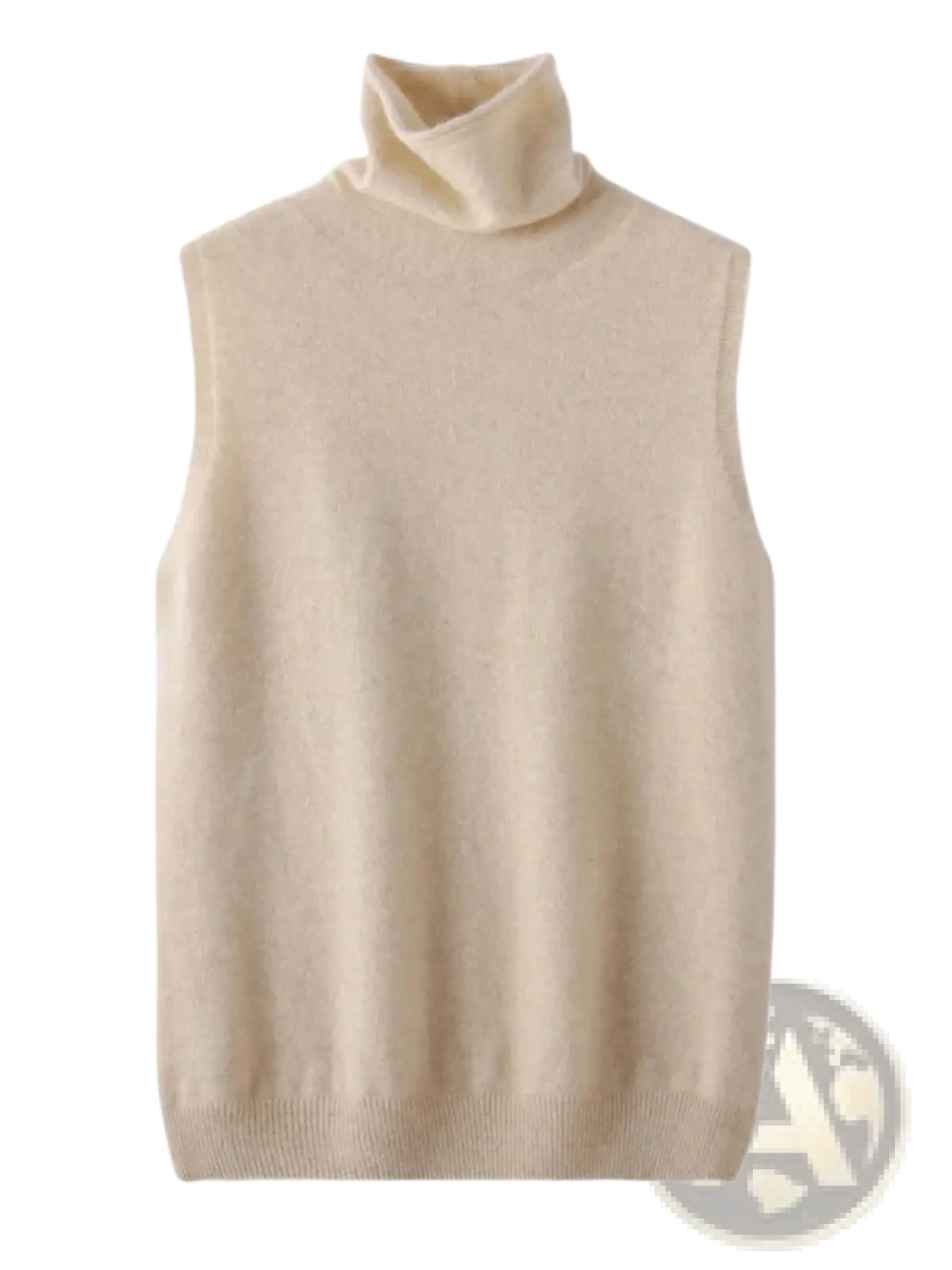 Cream-colored sleeveless turtleneck sweater vest made of soft merino wool blend knit fabric