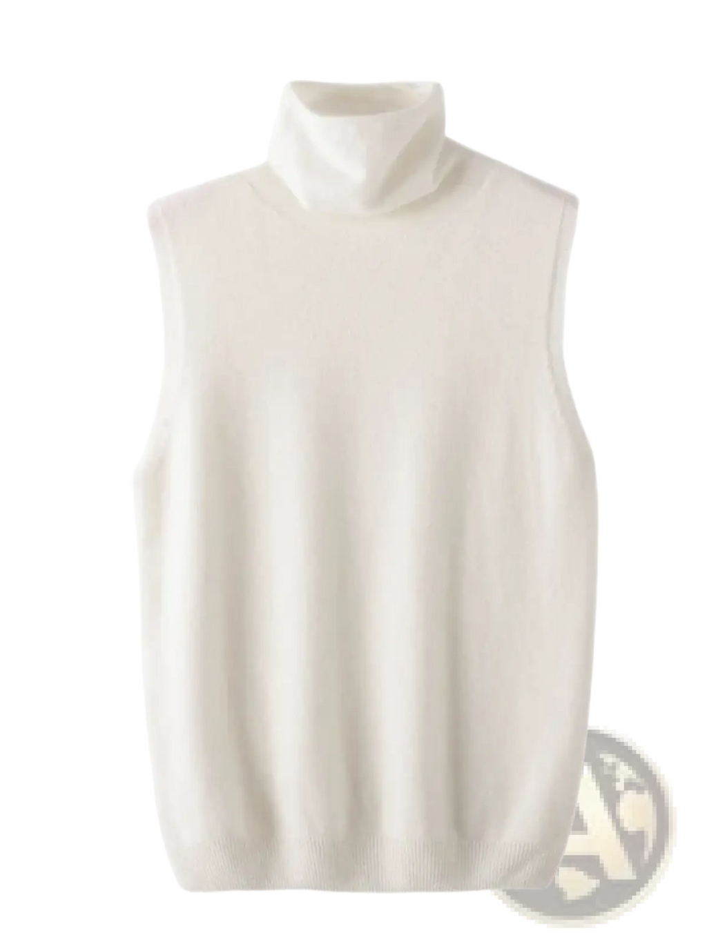 Cream-colored sleeveless merino wool turtleneck sweater vest with soft ribbed knit texture for layering
