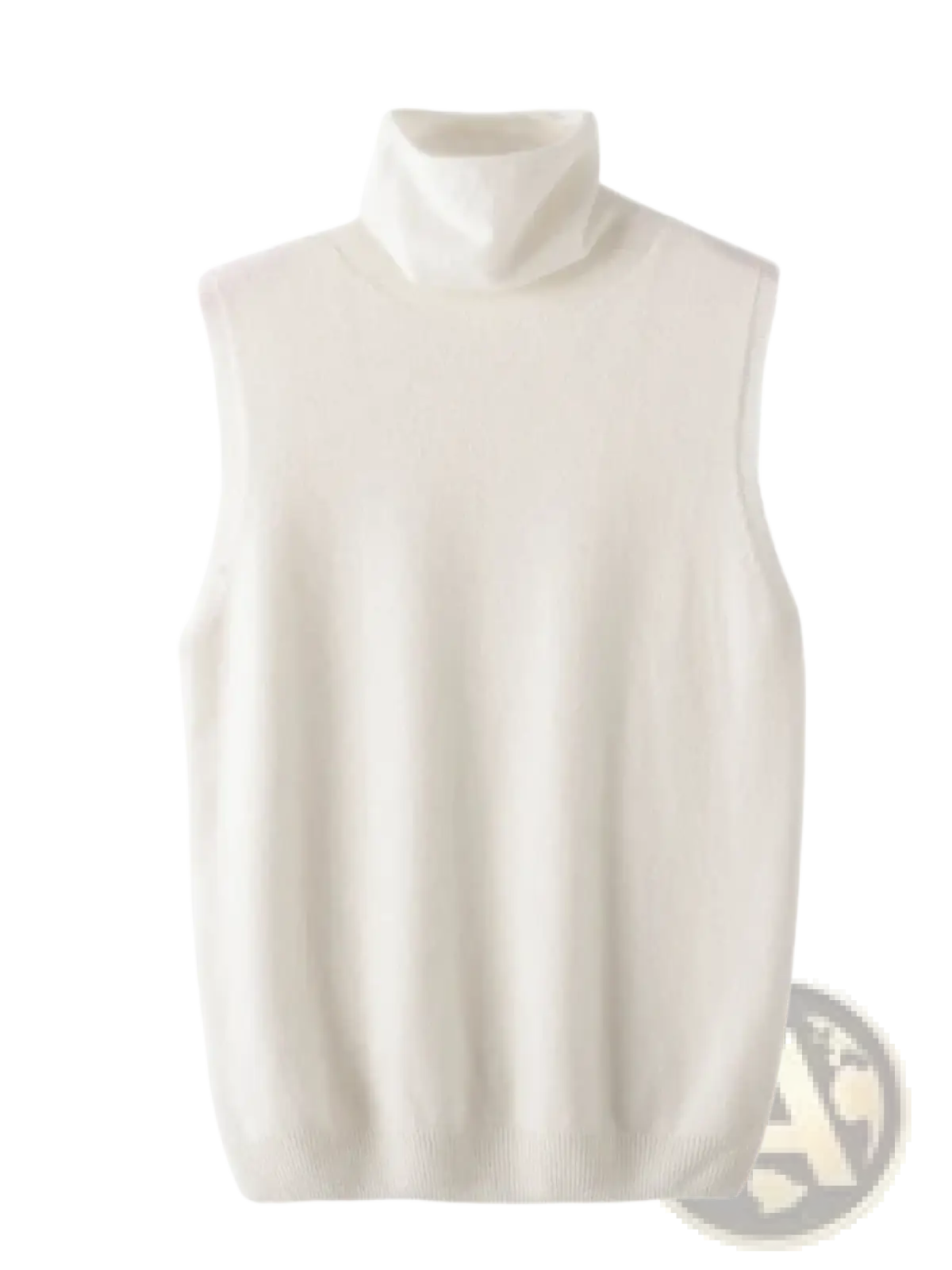 Cream-colored sleeveless merino wool turtleneck sweater vest with soft ribbed knit texture for layering