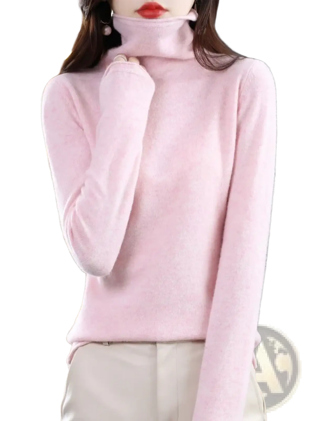 A soft pink merino wool turtleneck sweater for women with long sleeves and smooth knit texture