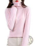 A soft pink merino wool turtleneck sweater for women with long sleeves and smooth knit texture